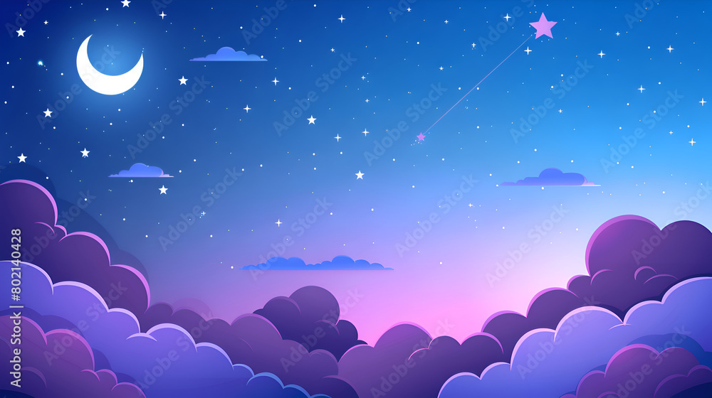 A night sky with a large moon and a shooting star. The sky is filled with clouds and stars, creating a peaceful and serene atmosphere. Generative AI A night sky with a large moon and a shooting star. The sky is filled with clouds and stars, creating a peaceful and serene atmosphere. Generative AI