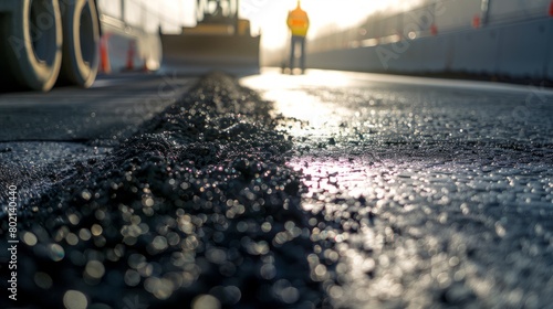 Close-up view of a freshly tarred and textured road surface glistening in the sunlight, with a construction worker and machinery blurred in the background. photo