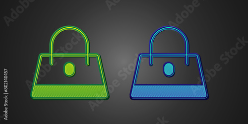 Green and blue Handbag icon isolated on black background. Female handbag sign. Glamour casual baggage symbol. Vector