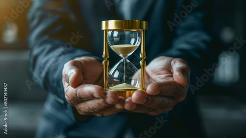 Close-up of a businessman in a dark suit holding a golden hourglass, symbolizing time management and deadlines in a corporate setting.