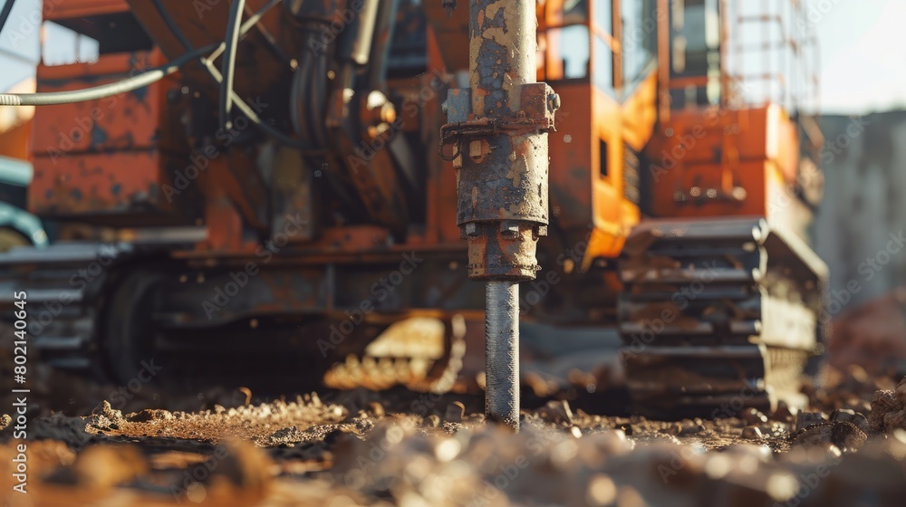 Focused shot of a hydraulic drilling machine's arm with a rusty screw and an orange excavator in the blurry background at a construction site.