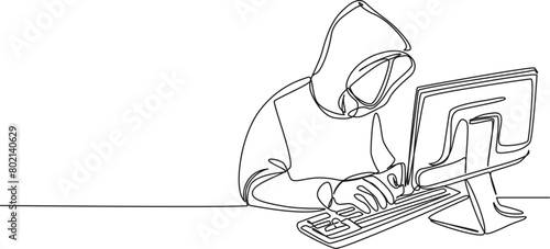 continuous single line drawing of computer hacker stereotype, line art vector illustration