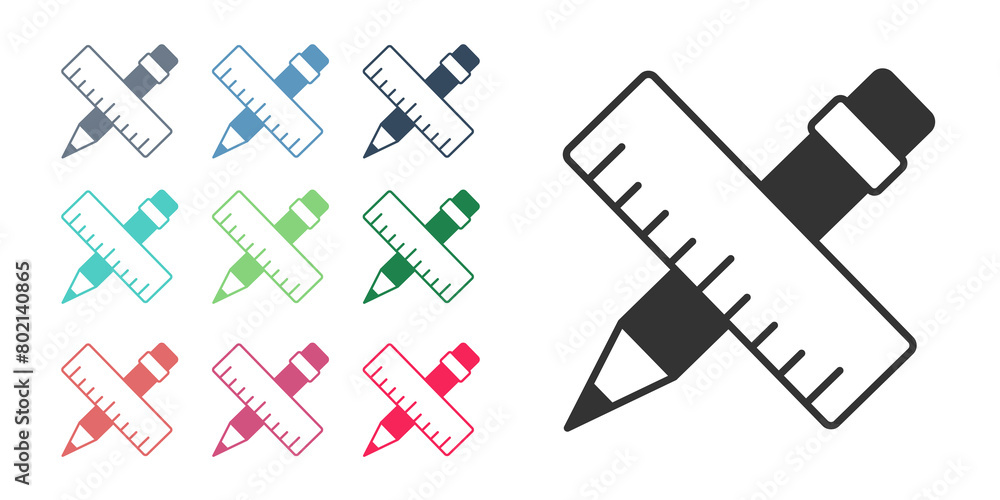 Black Crossed ruler and pencil icon isolated on white background. Straightedge symbol. Drawing and educational tools. Set icons colorful. Vector Black Crossed ruler and pencil icon isolated on white background. Straightedge symbol. Drawing and educational tools. Set icons colorful. Vector