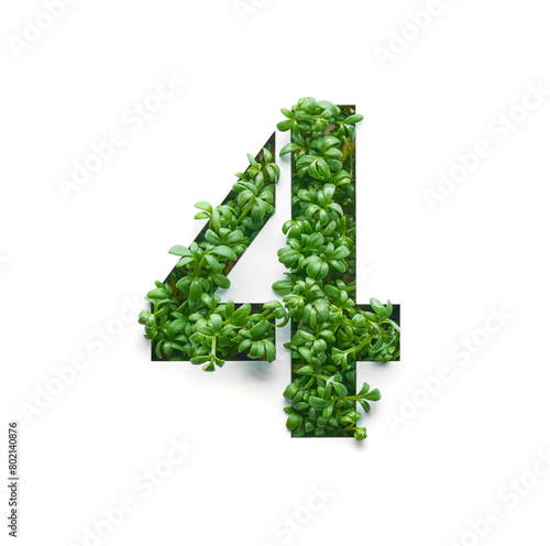 Number four is created from young green arugula sprouts on a white background.