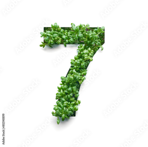 Number seven is created from young green arugula sprouts on a white background.