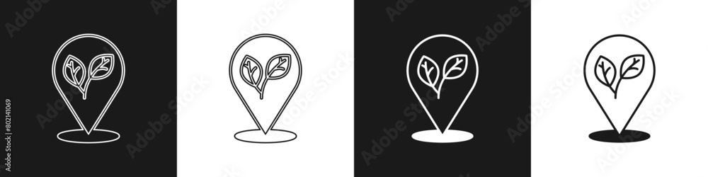Set Location pin with leaf inside icon isolated on black and white background. Leaves sign. Fresh natural product symbol. Vector Set Location pin with leaf inside icon isolated on black and white background. Leaves sign. Fresh natural product symbol. Vector