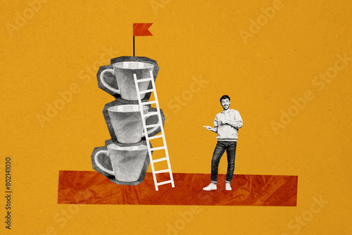 Composite photo collage of happy excited man point cup stack promotion ladder obstacle flag aim development isolated on painted background