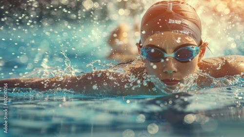 Beautiful young swimmer in the swimming pool professional training