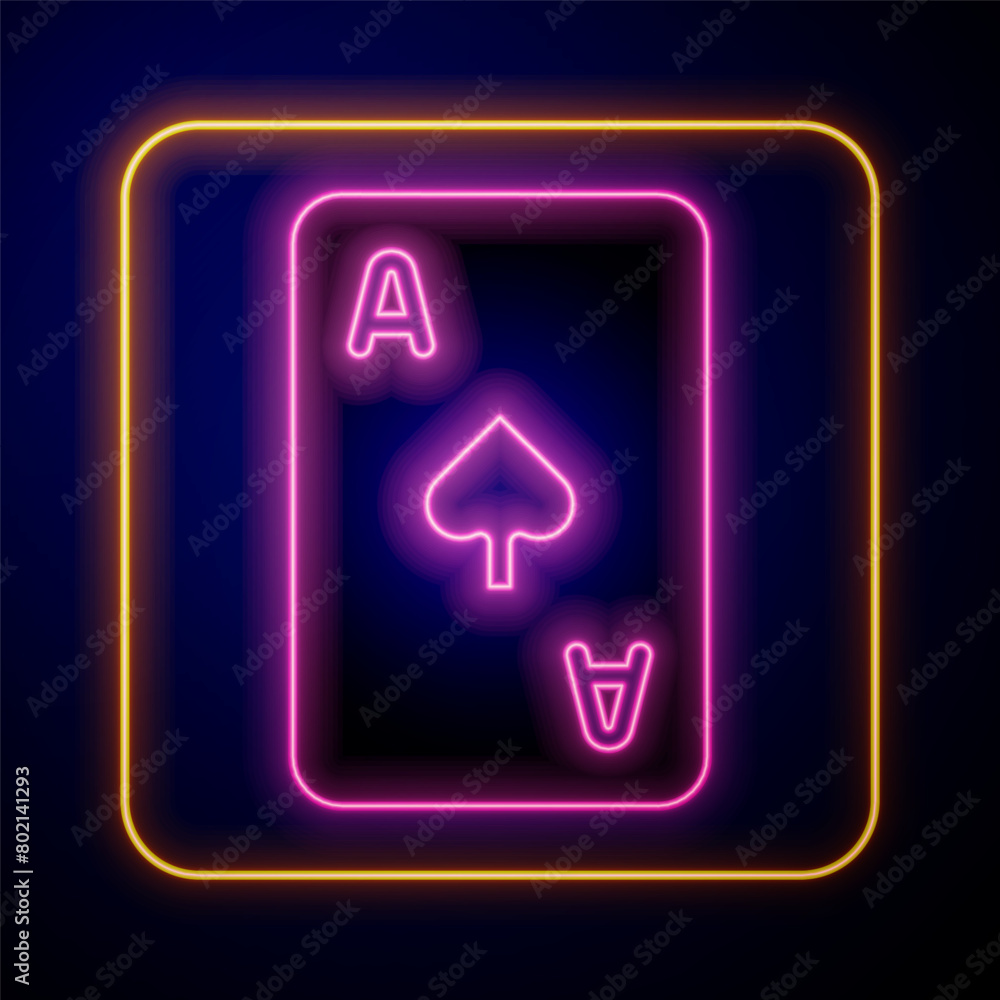 Glowing neon Playing card with spades symbol icon isolated on black background. Casino gambling. Vector Glowing neon Playing card with spades symbol icon isolated on black background. Casino gambling. Vector
