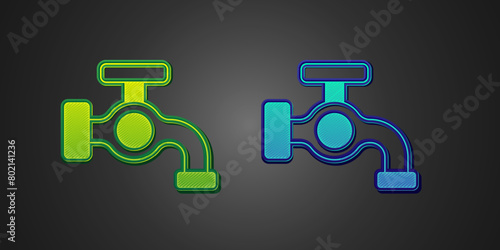 Green and blue Water tap icon isolated on black background. Vector