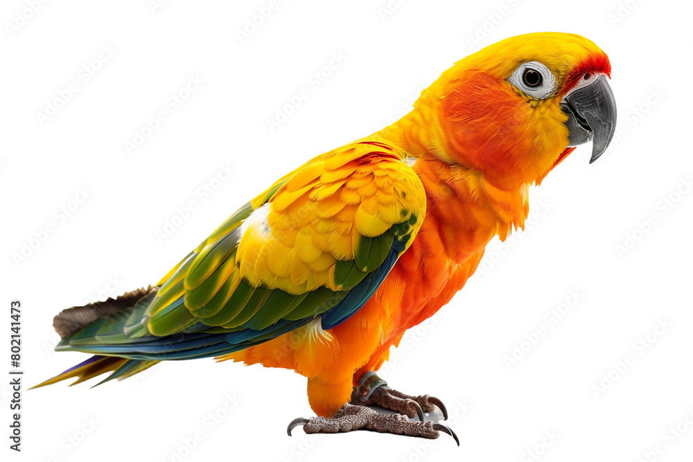 A vibrant sun conure parrot with its colorful feathers, isolated on transparent background, png file