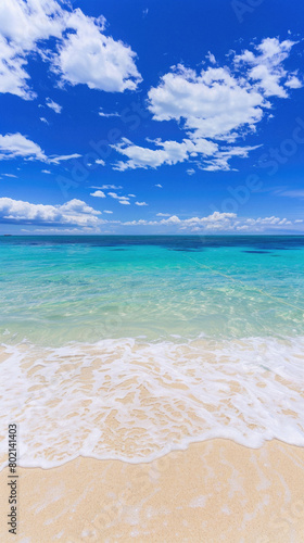 A beautiful beach with a clear blue sky and a few clouds