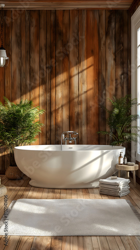 Serene Wooden Bathroom Interior with Sunlit Freestanding Bathtub