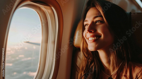 A woman is smiling and looking out the window of an airplane