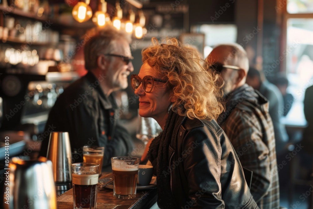 Portrait of a senior woman with curly hair and glasses in a pub.
