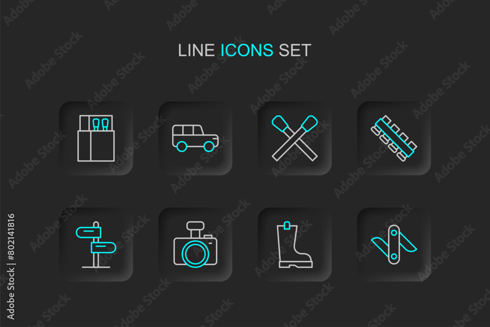 Set line Swiss army knife, Waterproof rubber boot, Photo camera, Road traffic sign, Hunting cartridge belt, Burning match with fire, Safari and Open matchbox and matches icon. Vector