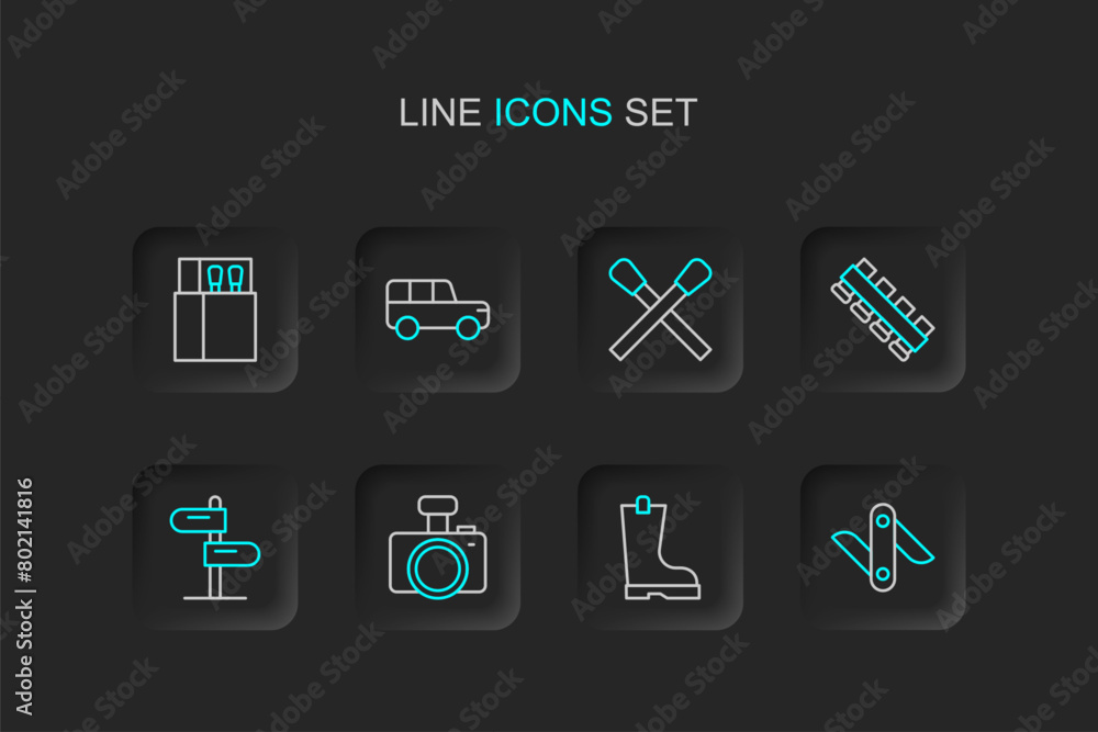 Set line Swiss army knife, Waterproof rubber boot, Photo camera, Road traffic sign, Hunting cartridge belt, Burning match with fire, Safari and Open matchbox and matches icon. Vector Set line Swiss army knife, Waterproof rubber boot, Photo camera, Road traffic sign, Hunting cartridge belt, Burning match with fire, Safari and Open matchbox and matches icon. Vector