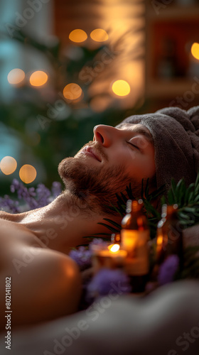 Serene Spa Experience: Man Relaxing with Aromatherapy and Essential Oils © slonme