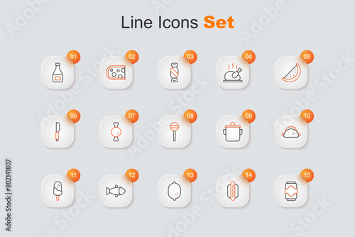 Set line Soda can, Hotdog, Lemon, Fish, Ice cream, Taco with tortilla, Cooking pot and Lollipop icon. Vector