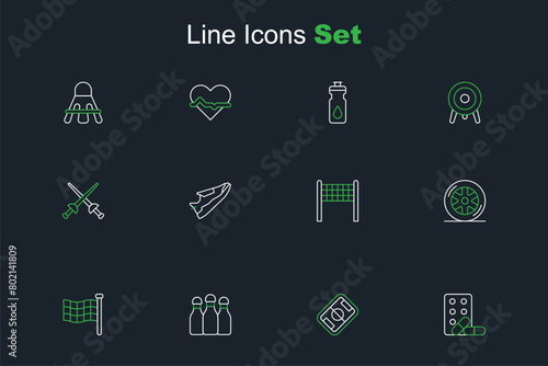 Set line Sports doping with dumbbell, Football field, Bowling, Checkered flag, Car wheel, Volleyball net, Fitness sneakers shoes and Fencing icon. Vector