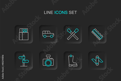 Set line Swiss army knife, Waterproof rubber boot, Photo camera, Road traffic sign, Hunting cartridge belt, Burning match with fire, Safari and Open matchbox and matches icon. Vector