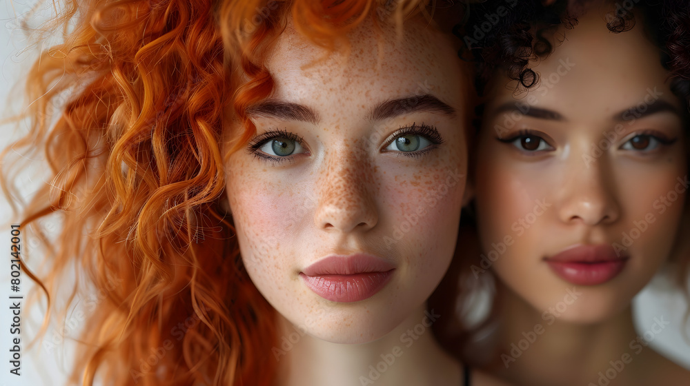 Two Beautiful Women with Curly Hair and Freckles, To showcase the unique beauty of women with curly hair and freckles through a vibrant and colorful Two Beautiful Women with Curly Hair and Freckles, To showcase the unique beauty of women with curly hair and freckles through a vibrant and colorful
