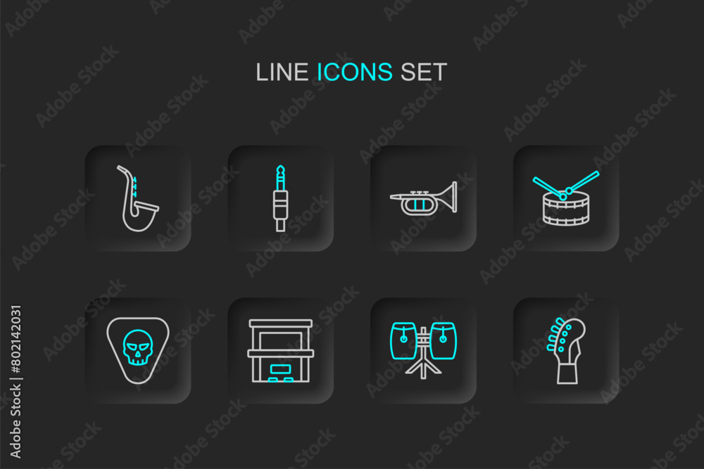Set line Guitar neck, Conga drums, Piano, pick, Drum with sticks, Trumpet, Audio jack and Saxophone icon. Vector Set line Guitar neck, Conga drums, Piano, pick, Drum with sticks, Trumpet, Audio jack and Saxophone icon. Vector