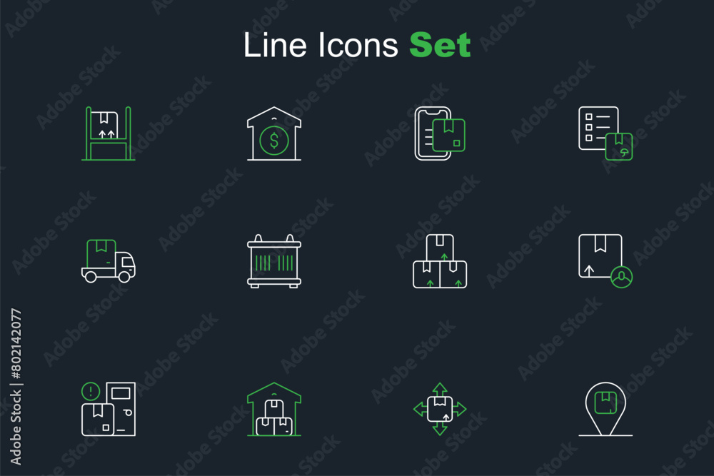 Set line Location with cardboard box, Carton, Full warehouse, Home delivery services, Container and Delivery cargo truck icon. Vector Set line Location with cardboard box, Carton, Full warehouse, Home delivery services, Container and Delivery cargo truck icon. Vector