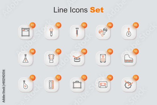 Set line Drum with drum sticks, Retro audio cassette tape, Guitar amplifier, Harmonica, Bandura, Grand piano, Stereo speaker and icon. Vector