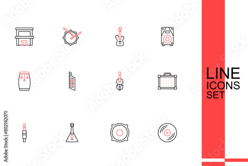 Set line Vinyl disk, Stereo speaker, Balalaika, Audio jack, Guitar amplifier, Violin, Keytar and Conga drums icon. Vector