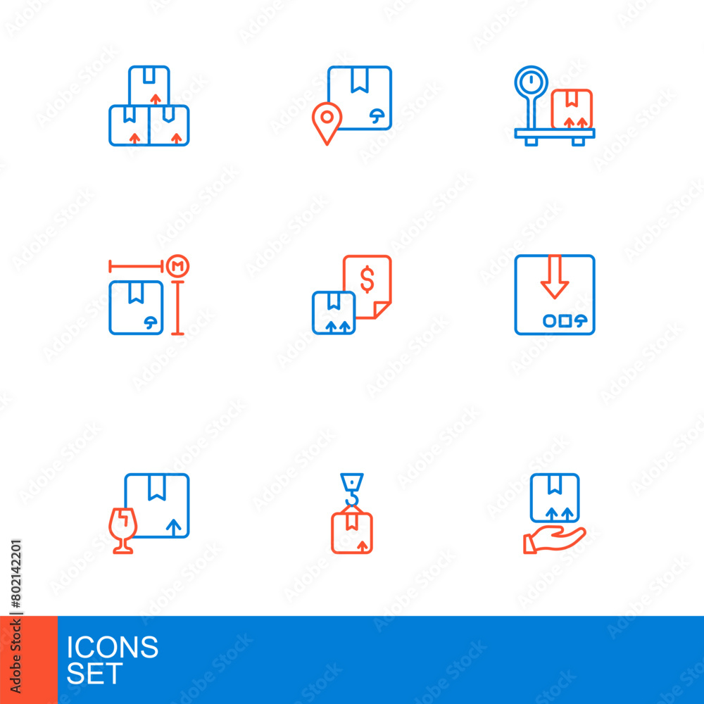 Set line Delivery hand with box, Crane cardboard, Package fragile content, Carton, Cardboard measurement, Waybill, Scale and Location icon. Vector Set line Delivery hand with box, Crane cardboard, Package fragile content, Carton, Cardboard measurement, Waybill, Scale and Location icon. Vector