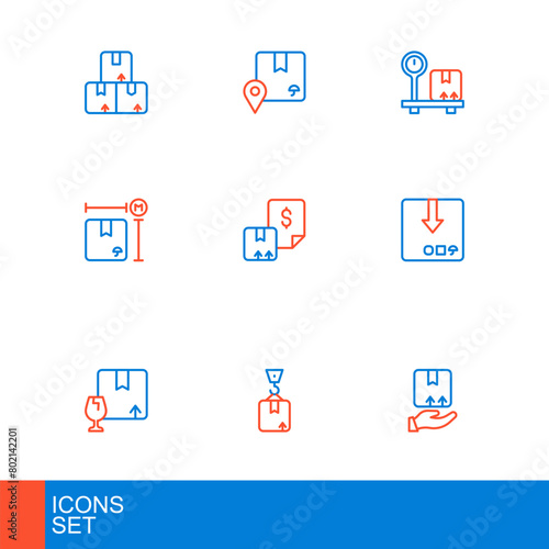 Set line Delivery hand with box, Crane cardboard, Package fragile content, Carton, Cardboard measurement, Waybill, Scale and Location icon. Vector