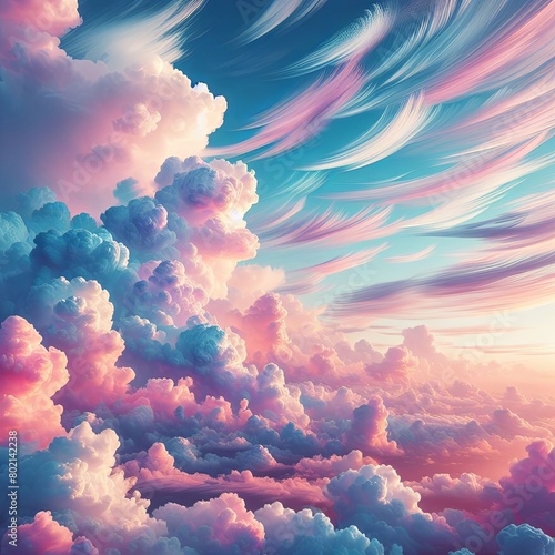 Magical image of a blue sky with clouds of various shapes and colors