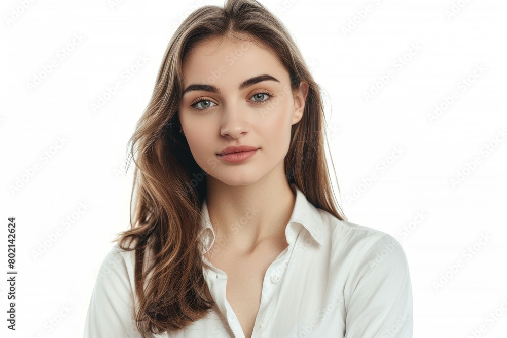 Businesswoman's journey to success, confidence and fulfillment in studio photos with white and clean monochromatic background Businesswoman's journey to success, confidence and fulfillment in studio photos with white and clean monochromatic background