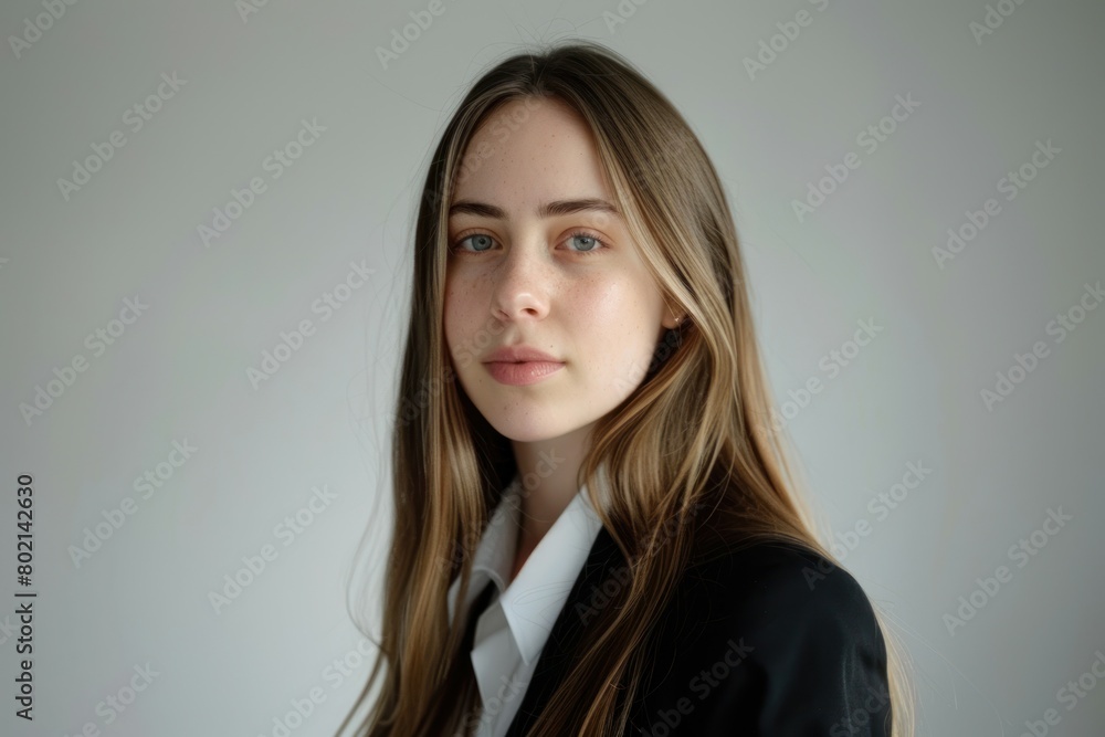 Businesswoman's journey to success, confidence and fulfillment in studio photos with white and clean monochromatic background Businesswoman's journey to success, confidence and fulfillment in studio photos with white and clean monochromatic background