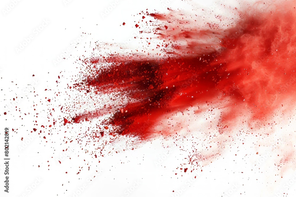 Burst of red chalk particles and dust, showcased against a pure white backdrop