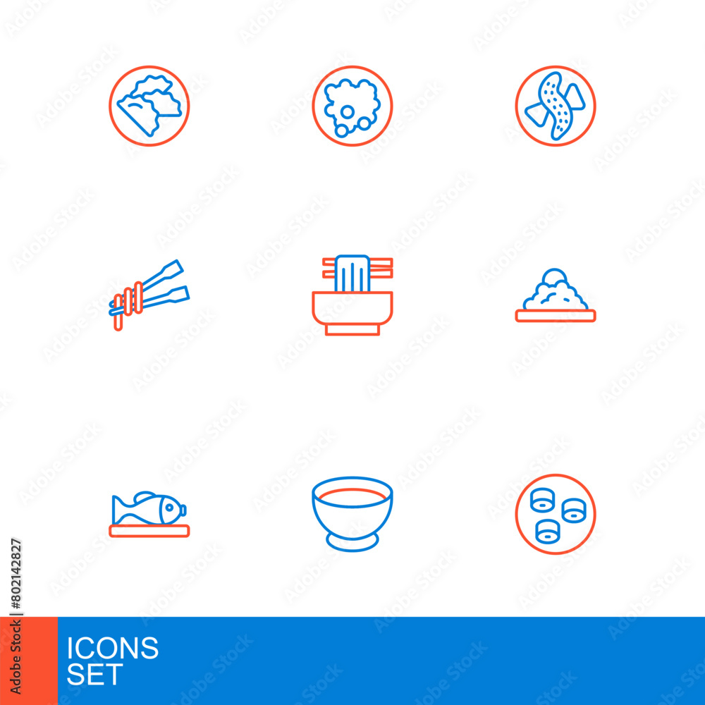 Set line Sushi, Soy sauce in bowl, Served fish on plate, Rice, Food chopsticks with noodles, Asian, cucumber and icon. Vector Set line Sushi, Soy sauce in bowl, Served fish on plate, Rice, Food chopsticks with noodles, Asian, cucumber and icon. Vector