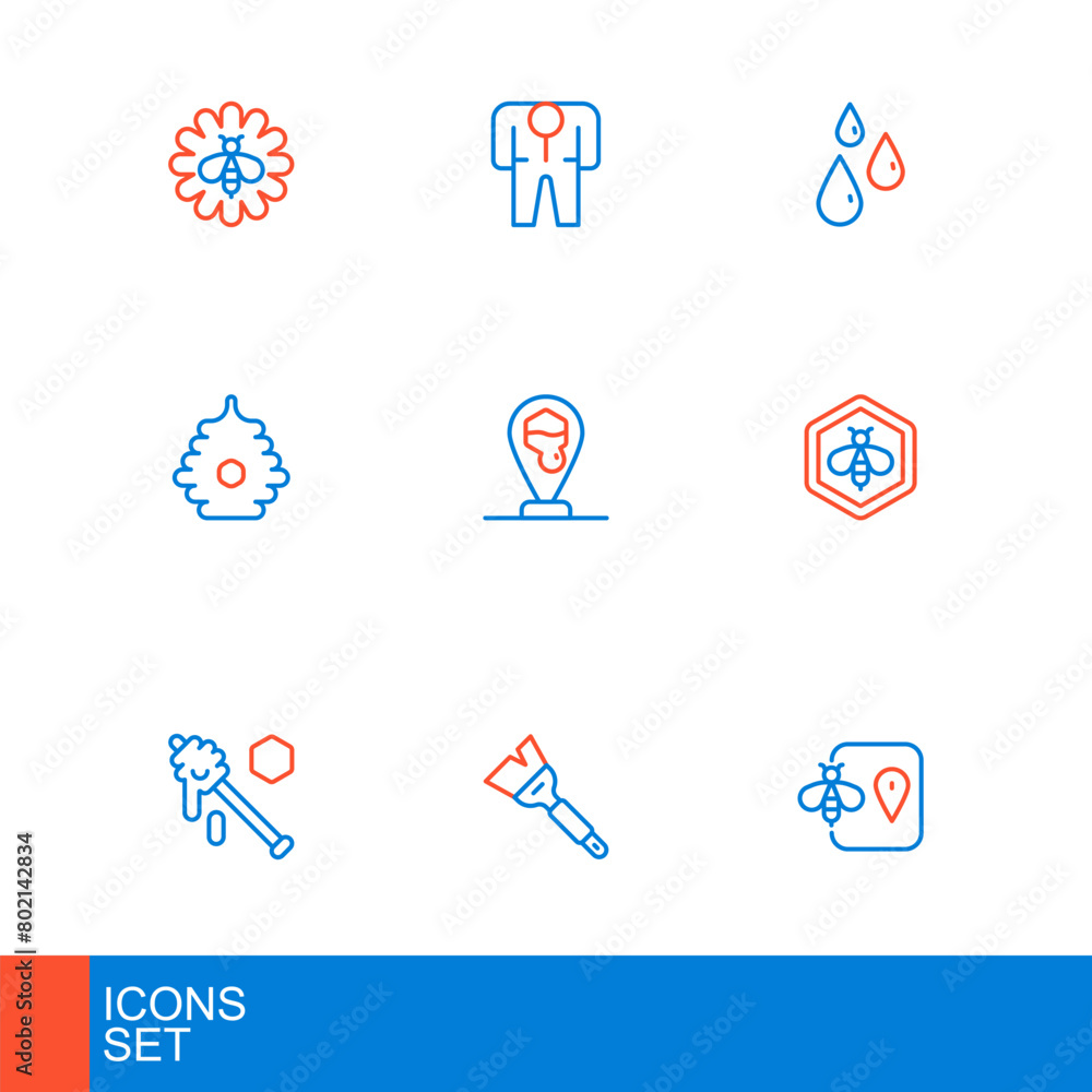 Set line Bee location, Beekeeping brush, Honey dipper stick, and honeycomb, Hive for bees, Honeycomb, Drops of and Beekeeper costume icon. Vector Set line Bee location, Beekeeping brush, Honey dipper stick, and honeycomb, Hive for bees, Honeycomb, Drops of and Beekeeper costume icon. Vector