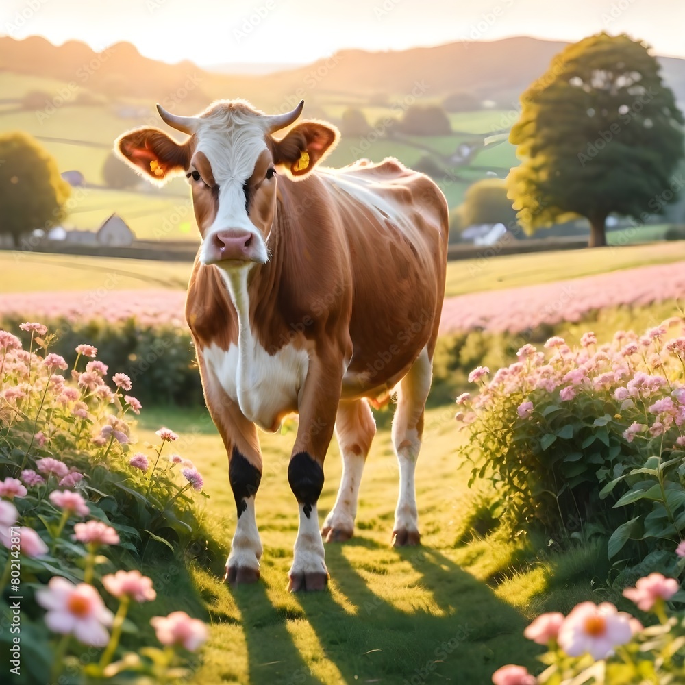 Brown and white cow, standing in a pink meadow on a sunny day.