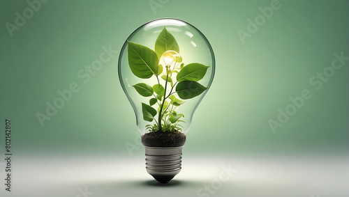 A light bulb with a plant inside of it, green energy, environmental lighting and the source of future growth environment friendly