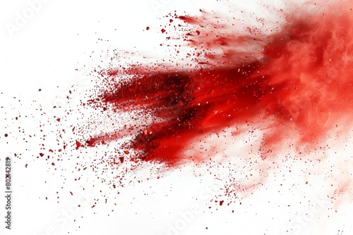 Burst of red chalk particles and dust, showcased against a pure white backdrop