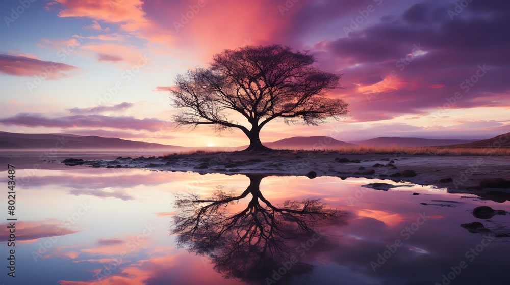 Calming stock image of a soft, pastelcolored sky at twilight, with the silhouette of a single tree, conveying solitude and peaceful reflection