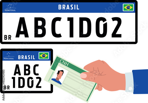 Uma mão segura uma carteira de motorista brasileira com placas de veículos do Mercosul, simbolizando a unidade regional e a conformidade legal