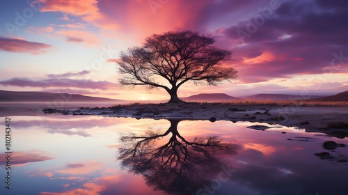 Calming stock image of a soft, pastelcolored sky at twilight, with the silhouette of a single tree, conveying solitude and peaceful reflection © Nat