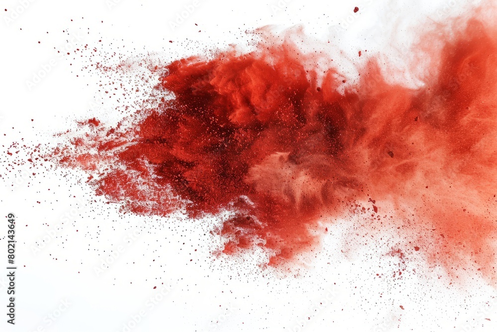 Burst of red chalk particles and dust, showcased against a pure white backdrop
