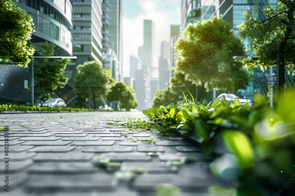 A city street lined with numerous trees and patches of grass, showcasing an eco-friendly urban environment with sustainable infrastructure