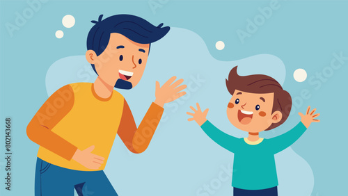 A parent and child playing charades laughing and bonding as they communicate through gestures and expressions.. Vector illustration