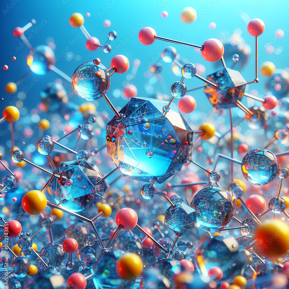 Colorful of 3D crytal molecules and atoms in blue background. Stock ...