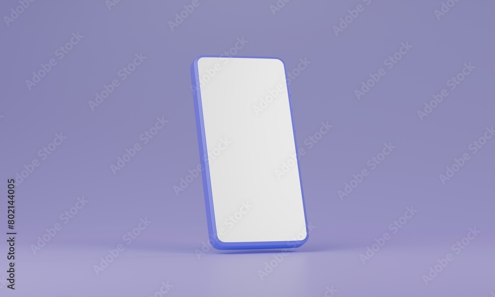 A blue and white cell phone is sitting on a purple background. Smartphone is blank and has a clean. 3D rendering A blue and white cell phone is sitting on a purple background. Smartphone is blank and has a clean. 3D rendering