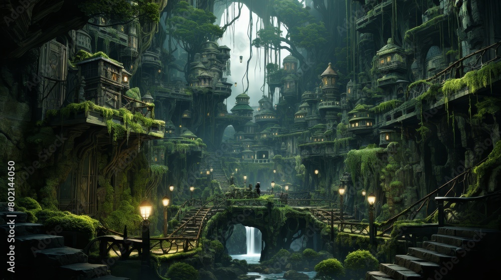 Design a hidden underground kingdom ruled by sentient creatures of the forest